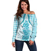 Aloha Hawaii Palaka Off Shoulder Sweater Blue Plumeria Lei - Polynesian Pride