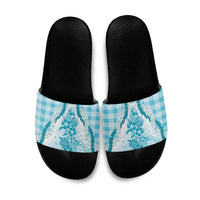 Aloha Hawaii Palaka Slide Sandals Blue Plumeria Lei - Polynesian Pride