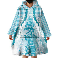 Aloha Hawaii Palaka Wearable Blanket Hoodie Blue Plumeria Lei - Polynesian Pride