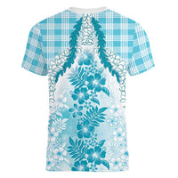 Aloha Hawaii Palaka Women V-Neck T-Shirt Blue Plumeria Lei - Polynesian Pride