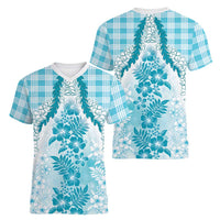 Aloha Hawaii Palaka Women V-Neck T-Shirt Blue Plumeria Lei - Polynesian Pride
