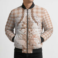 Aloha Hawaii Palaka Bomber Puffer Jacket Beige Plumeria Lei - Polynesian Pride