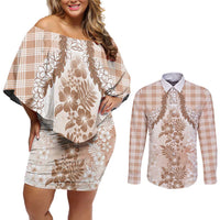 Aloha Hawaii Palaka Couples Matching Off Shoulder Short Dress and Long Sleeve Button Shirt Beige Plumeria Lei - Polynesian Pride