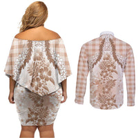 Aloha Hawaii Palaka Couples Matching Off Shoulder Short Dress and Long Sleeve Button Shirt Beige Plumeria Lei - Polynesian Pride