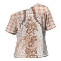 Aloha Hawaii Palaka Cross Shoulder Shirt Beige Plumeria Lei - Polynesian Pride