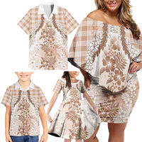 Aloha Hawaii Palaka Family Matching Off Shoulder Short Dress and Hawaiian Shirt Beige Plumeria Lei LT05 - Polynesian Pride