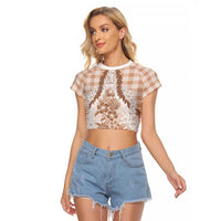 Aloha Hawaii Palaka Raglan Cropped T Shirt Beige Plumeria Lei - Polynesian Pride