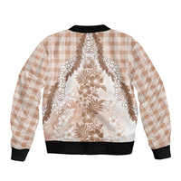 Aloha Hawaii Palaka Sleeve Zip Bomber Jacket Beige Plumeria Lei - Polynesian Pride