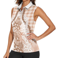 Aloha Hawaii Palaka Women Sleeveless Polo Shirt Beige Plumeria Lei - Polynesian Pride