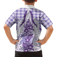 Aloha Hawaii Palaka Family Matching Off The Shoulder Long Sleeve Dress and Hawaiian Shirt Purple Plumeria Lei LT05 - Polynesian Pride