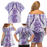 Aloha Hawaii Palaka Family Matching Off Shoulder Short Dress and Hawaiian Shirt Purple Plumeria Lei LT05 - Polynesian Pride