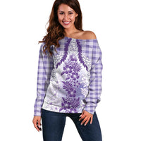 Aloha Hawaii Palaka Off Shoulder Sweater Purple Plumeria Lei - Polynesian Pride