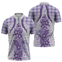 Aloha Hawaii Palaka Zipper Polo Shirt Purple Plumeria Lei - Polynesian Pride