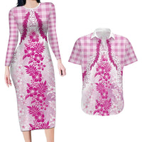 Aloha Hawaii Palaka Couples Matching Long Sleeve Bodycon Dress and Hawaiian Shirt Pink Plumeria Lei LT05 Pink - Polynesian Pride