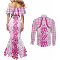 Aloha Hawaii Palaka Couples Matching Mermaid Dress and Long Sleeve Button Shirt Pink Plumeria Lei - Polynesian Pride