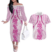 Aloha Hawaii Palaka Couples Matching Off The Shoulder Long Sleeve Dress and Hawaiian Shirt Pink Plumeria Lei LT05 Pink - Polynesian Pride