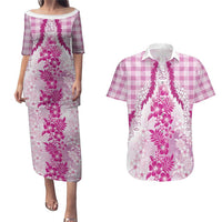Aloha Hawaii Palaka Couples Matching Puletasi and Hawaiian Shirt Pink Plumeria Lei - Polynesian Pride