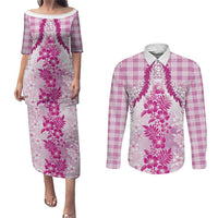 Aloha Hawaii Palaka Couples Matching Puletasi and Long Sleeve Button Shirt Pink Plumeria Lei - Polynesian Pride