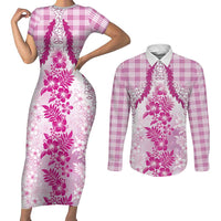 Aloha Hawaii Palaka Couples Matching Short Sleeve Bodycon Dress and Long Sleeve Button Shirt Pink Plumeria Lei - Polynesian Pride
