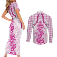 Aloha Hawaii Palaka Couples Matching Short Sleeve Bodycon Dress and Long Sleeve Button Shirt Pink Plumeria Lei - Polynesian Pride