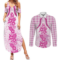 Aloha Hawaii Palaka Couples Matching Summer Maxi Dress and Long Sleeve Button Shirt Pink Plumeria Lei - Polynesian Pride