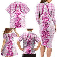 Aloha Hawaii Palaka Family Matching Long Sleeve Bodycon Dress and Hawaiian Shirt Pink Plumeria Lei LT05 - Polynesian Pride