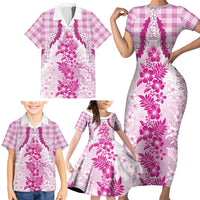 Aloha Hawaii Palaka Family Matching Short Sleeve Bodycon Dress and Hawaiian Shirt Pink Plumeria Lei LT05 - Polynesian Pride