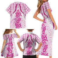 Aloha Hawaii Palaka Family Matching Short Sleeve Bodycon Dress and Hawaiian Shirt Pink Plumeria Lei LT05 - Polynesian Pride