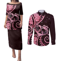 New Zealand Valentine Couples Matching Puletasi and Long Sleeve Button Shirt Aroha Sweet Pink Piwakawaka LT05 Pink - Polynesian Pride