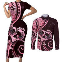 New Zealand Valentine Couples Matching Short Sleeve Bodycon Dress and Long Sleeve Button Shirt Aroha Sweet Pink Piwakawaka LT05 Pink - Polynesian Pride