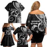 New Zealand Valentine Family Matching Off Shoulder Short Dress and Hawaiian Shirt Aroha Gray Piwakawaka LT05 - Polynesian Pride