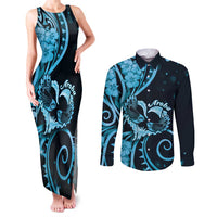 New Zealand Valentine Couples Matching Tank Maxi Dress and Long Sleeve Button Shirt Aroha Cyan Piwakawaka LT05 Cyan - Polynesian Pride