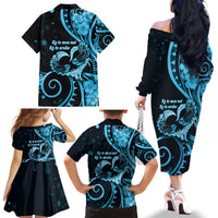 New Zealand Valentine Family Matching Off The Shoulder Long Sleeve Dress and Hawaiian Shirt Aroha Cyan Piwakawaka LT05 - Polynesian Pride
