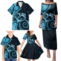 New Zealand Valentine Family Matching Puletasi and Hawaiian Shirt Aroha Cyan Piwakawaka LT05 - Polynesian Pride
