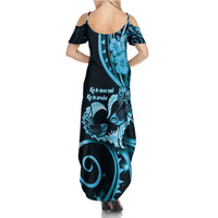 New Zealand Valentine Family Matching Summer Maxi Dress and Hawaiian Shirt Aroha Cyan Piwakawaka LT05 - Polynesian Pride