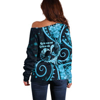 New Zealand Valentine Off Shoulder Sweater Aroha Cyan Piwakawaka LT05 - Polynesian Pride
