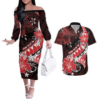 Personalised Hawaii Valentine Day Couples Matching Off The Shoulder Long Sleeve Dress and Hawaiian Shirt Polynesian Hibiscus Art Style Red LT05 Red - Polynesian Pride