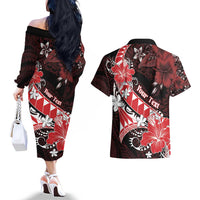 Personalised Hawaii Valentine Day Couples Matching Off The Shoulder Long Sleeve Dress and Hawaiian Shirt Polynesian Hibiscus Art Style Red LT05 - Polynesian Pride