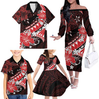 Personalised Hawaii Valentine Day Family Matching Off The Shoulder Long Sleeve Dress and Hawaiian Shirt Polynesian Hibiscus Art Style Red LT05 Red - Polynesian Pride