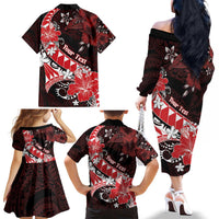 Personalised Hawaii Valentine Day Family Matching Off The Shoulder Long Sleeve Dress and Hawaiian Shirt Polynesian Hibiscus Art Style Red LT05 - Polynesian Pride