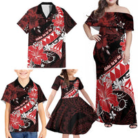 Personalised Hawaii Valentine Day Family Matching Off Shoulder Maxi Dress and Hawaiian Shirt Polynesian Hibiscus Art Style Red LT05 - Polynesian Pride