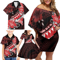 Personalised Hawaii Valentine Day Family Matching Off Shoulder Short Dress and Hawaiian Shirt Polynesian Hibiscus Art Style Red LT05 - Polynesian Pride