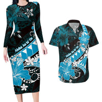 Personalised Hawaii Valentine Day Couples Matching Long Sleeve Bodycon Dress and Hawaiian Shirt Polynesian Hibiscus Art Style Turquoise LT05 Turquoise - Polynesian Pride