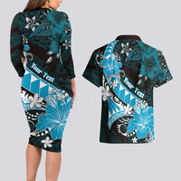 Personalised Hawaii Valentine Day Couples Matching Long Sleeve Bodycon Dress and Hawaiian Shirt Polynesian Hibiscus Art Style Turquoise LT05 - Polynesian Pride