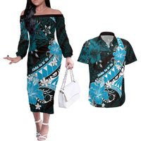 Personalised Hawaii Valentine Day Couples Matching Off The Shoulder Long Sleeve Dress and Hawaiian Shirt Polynesian Hibiscus Art Style Turquoise LT05 Turquoise - Polynesian Pride