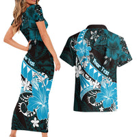 Personalised Hawaii Valentine Day Couples Matching Short Sleeve Bodycon Dress and Hawaiian Shirt Polynesian Hibiscus Art Style Turquoise LT05 - Polynesian Pride