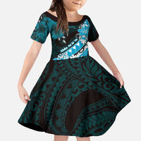 Personalised Hawaii Valentine Day Family Matching Off The Shoulder Long Sleeve Dress and Hawaiian Shirt Polynesian Hibiscus Art Style Turquoise LT05 - Polynesian Pride