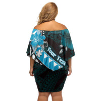 Personalised Hawaii Valentine Day Family Matching Off Shoulder Short Dress and Hawaiian Shirt Polynesian Hibiscus Art Style Turquoise LT05 - Polynesian Pride