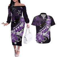 Personalised Hawaii Valentine Day Couples Matching Off The Shoulder Long Sleeve Dress and Hawaiian Shirt Polynesian Hibiscus Art Style Purple LT05 Purple - Polynesian Pride