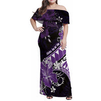 Personalised Hawaii Valentine Day Family Matching Off Shoulder Maxi Dress and Hawaiian Shirt Polynesian Hibiscus Art Style Purple LT05 Mom's Dress Purple - Polynesian Pride